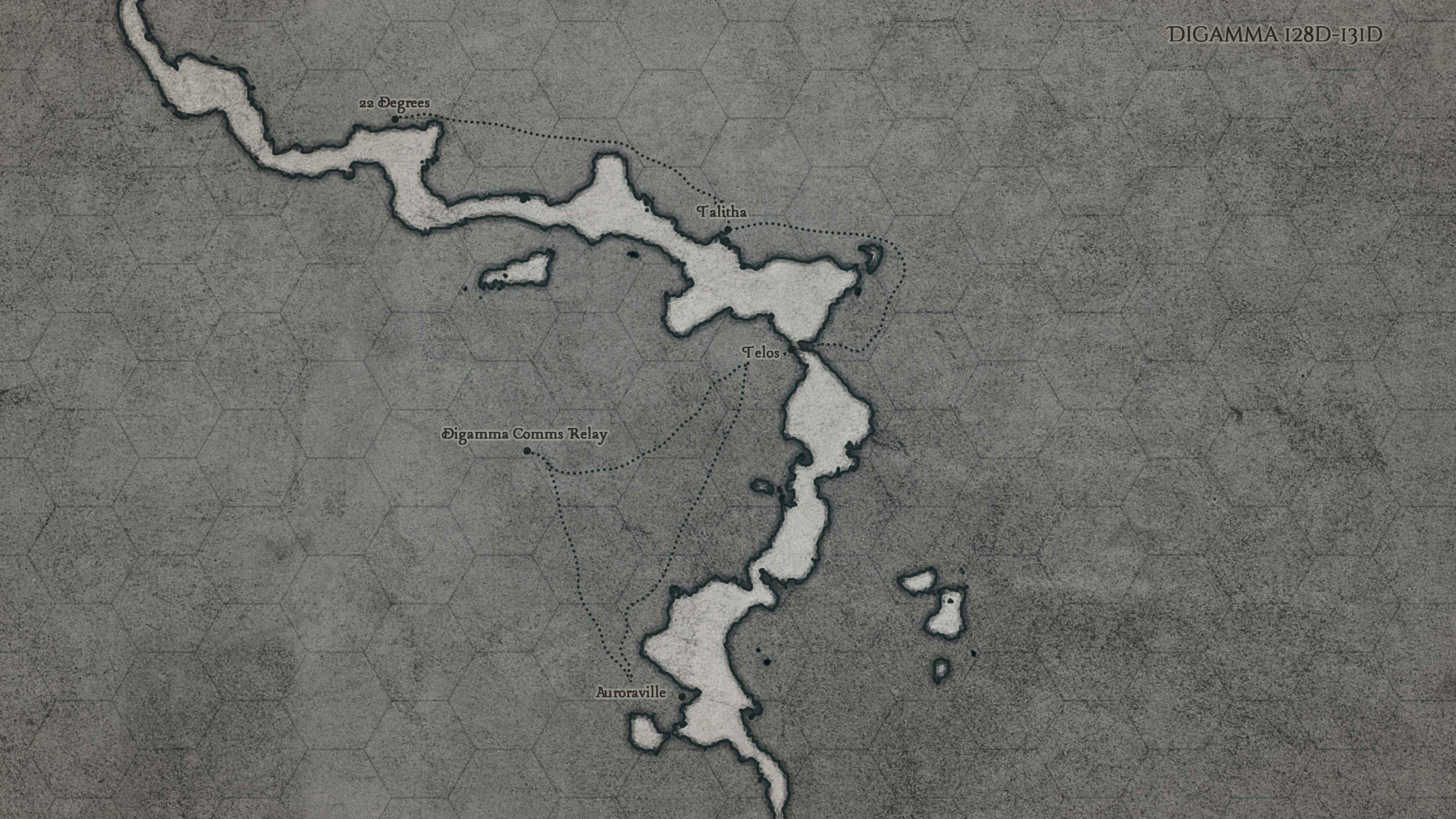 Digamma Map showing Talitha, Telos, 22 Degrees, Auroraville, and the comms relay all around a canyon running down from the top left corner of the map to bottom centre